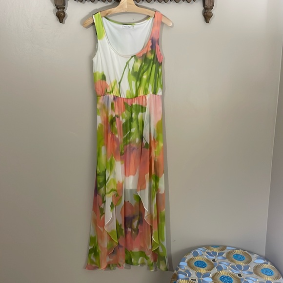Calvin Klein Dresses & Skirts - Calvin Klein White Maxi Dress with Pink and Green Floral Print